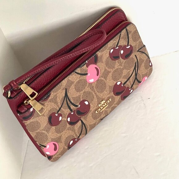 Coach Double Zip Phone Wallet Cherry Print Signature Canvas Wristlet CZ763 - Picture 3 of 7